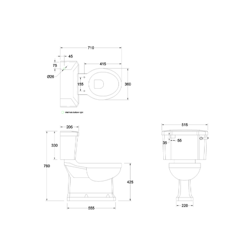 S trap Close Coupled Toilet, Cistern, Gloss White Soft Close Seat P18